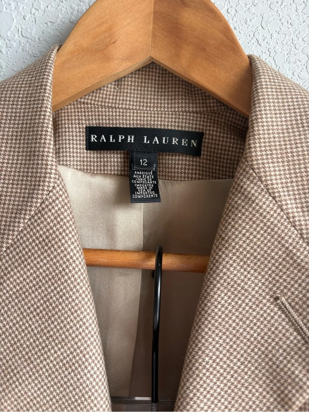 Ralph Lauren Vintage Wool Cashmere Skirt Suit Women US12 Camel Houndstooth silk